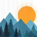 Icon representing a scenic view, a mountain range with a sun.