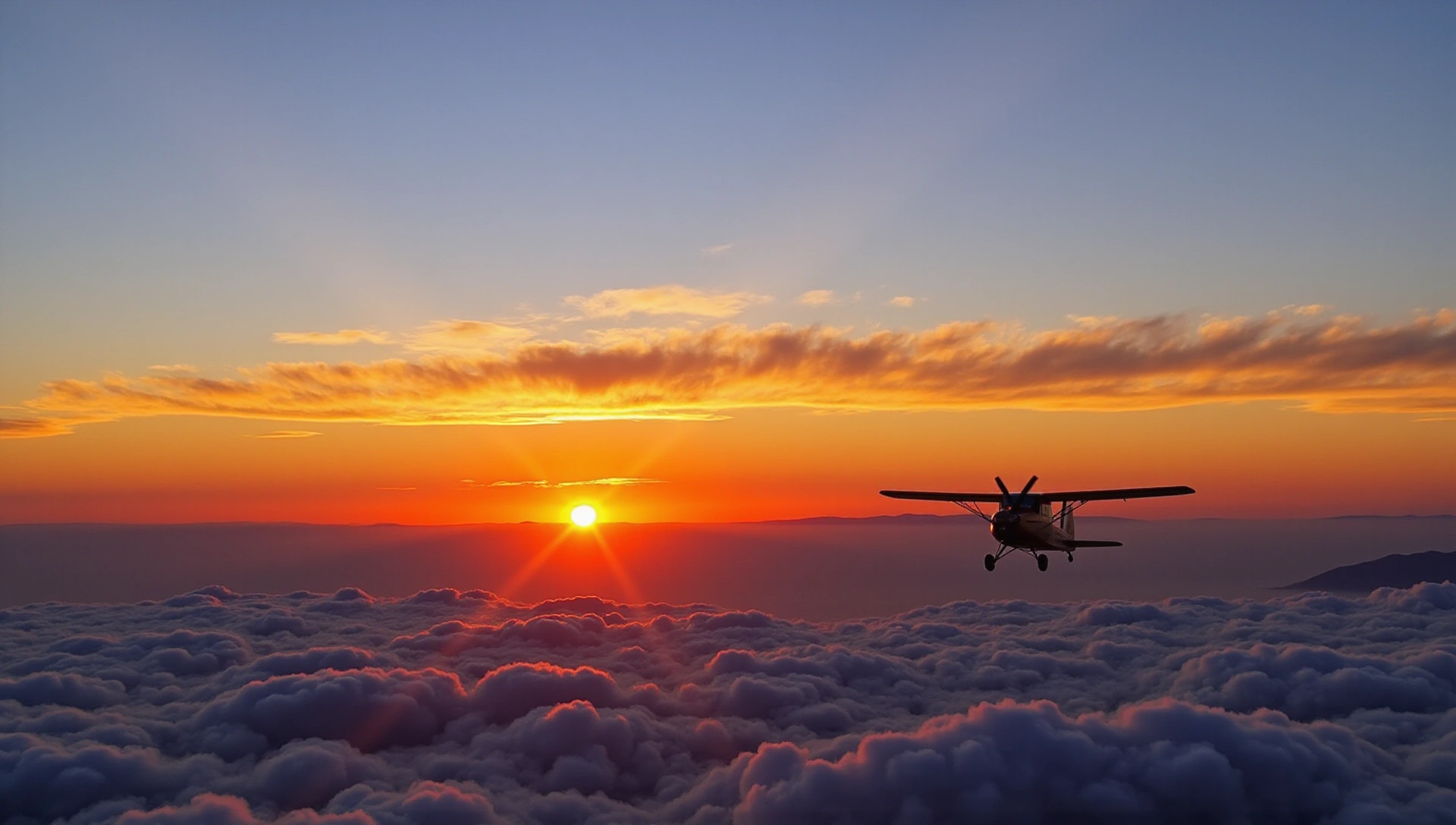 Panoramic view of a skydiving plane soaring above clouds with a vibrant sunset in the background, symbolizing freedom and adventure.