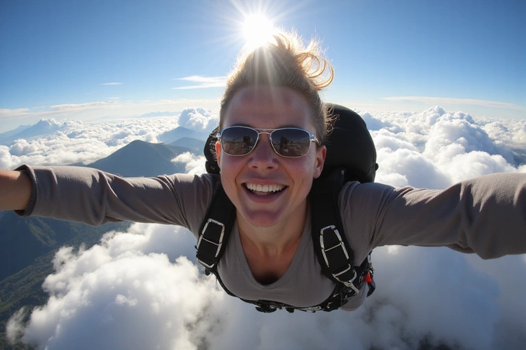 Skydiver soaring above clouds with a wide smile, experiencing the ultimate freedom and thrill, showcasing the joy of skydiving
