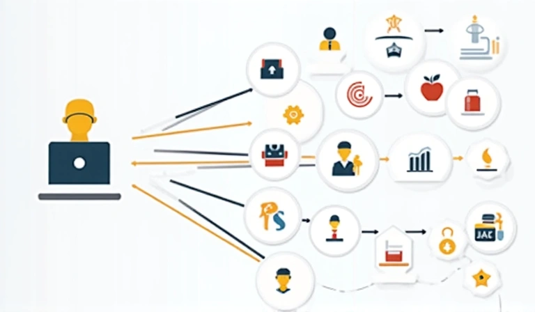 Graphic illustrating data flow between a website, user, and various third-party services like analytics and advertising platforms, represented by distinct icons.