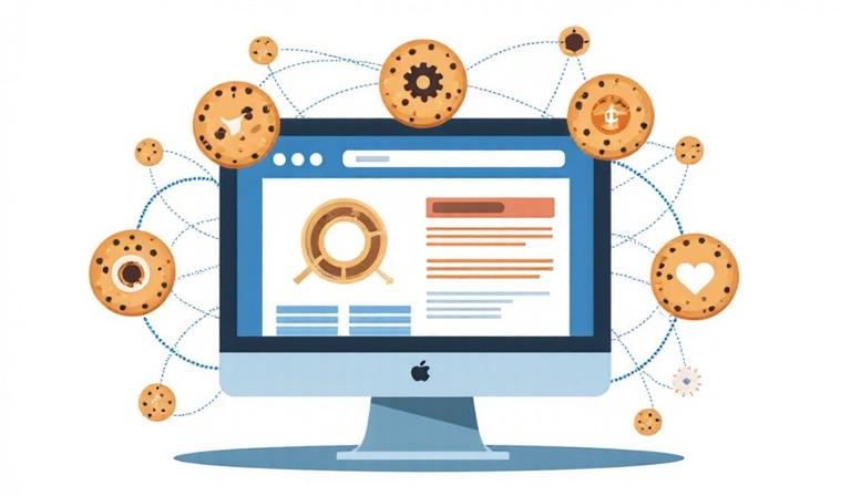 Illustration of various types of cookies on a computer screen, symbolizing data collection.