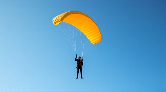 A solo skydiver under a fully deployed canopy, gracefully descending.