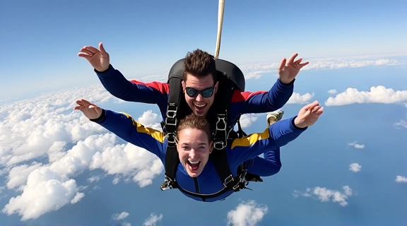 A group of licensed skydivers forming a formation in freefall.