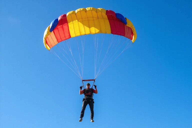 Skydiver deploying a colorful parachute, with a clear blue sky background.