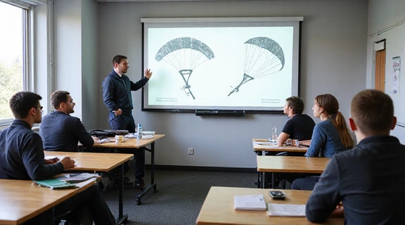 Students in a classroom setting learning about skydiving equipment.