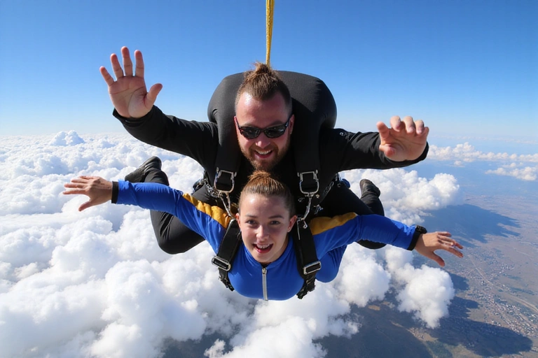 Two skydiving instructors holding onto a student in freefall, high above the clouds.