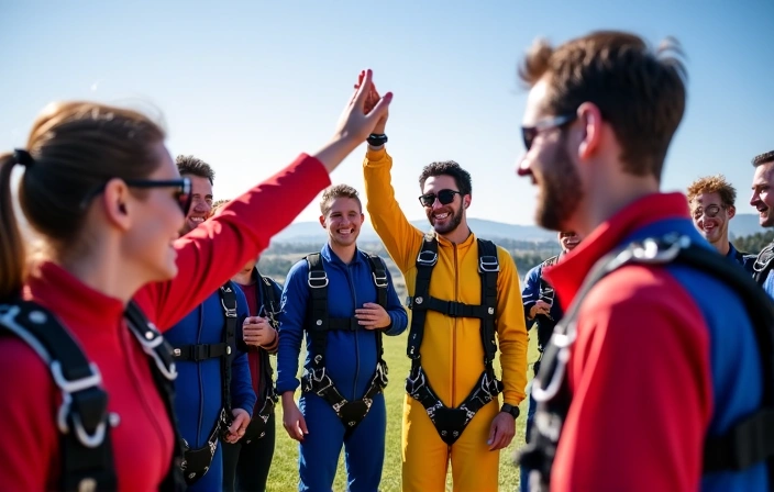 Group of skydivers celebrating after a successful jump at a boogie event