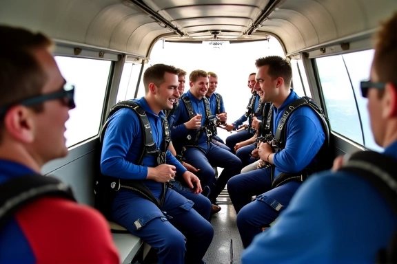 Interior view of a skydiving aircraft filled with skydivers