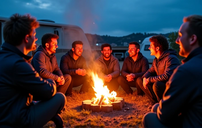 Skydivers gathered around a campfire at a dropzone social event