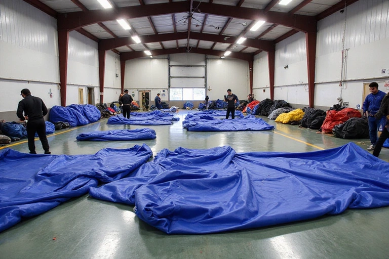 Spacious, well-lit packing area with skydivers organizing their gear