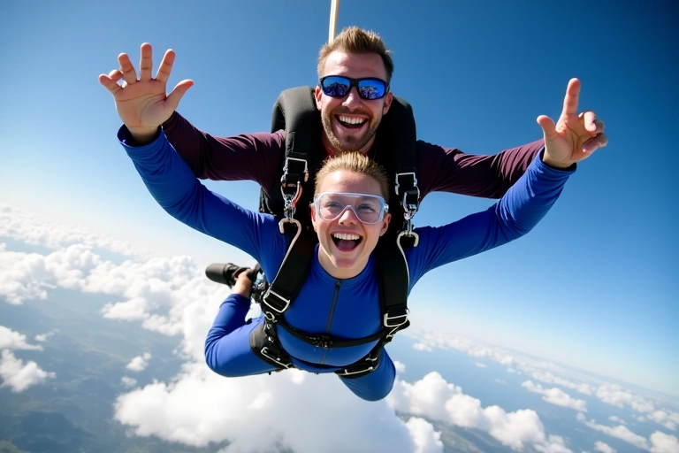 A tandem skydiver and instructor in freefall, high above the clouds.