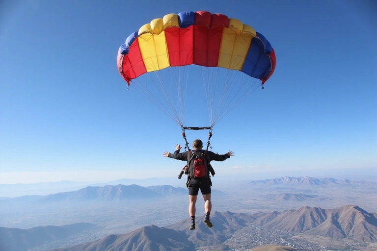 A tandem skydiver and instructor under an open parachute, gently descending.