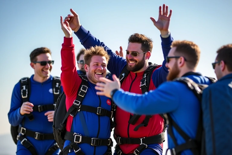 Happy skydivers celebrating after a successful tandem jump.
