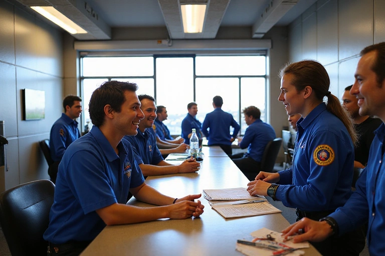 People checking in at a skydiving facility, smiling and excited.