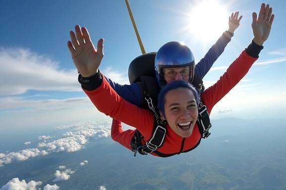 Separate videographer flying alongside a tandem skydiver, filming them.