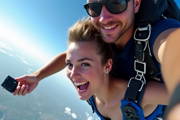 Skydiver being filmed by an instructor with a camera mounted on their wrist.