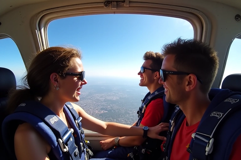 Skydivers inside an aircraft ascending, looking out the window with excitement.
