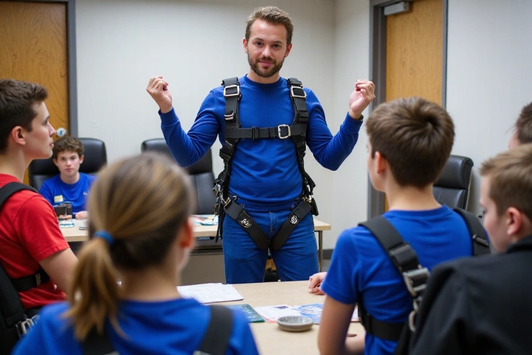 Skydivers receiving pre-jump briefing from an instructor, learning body positions.