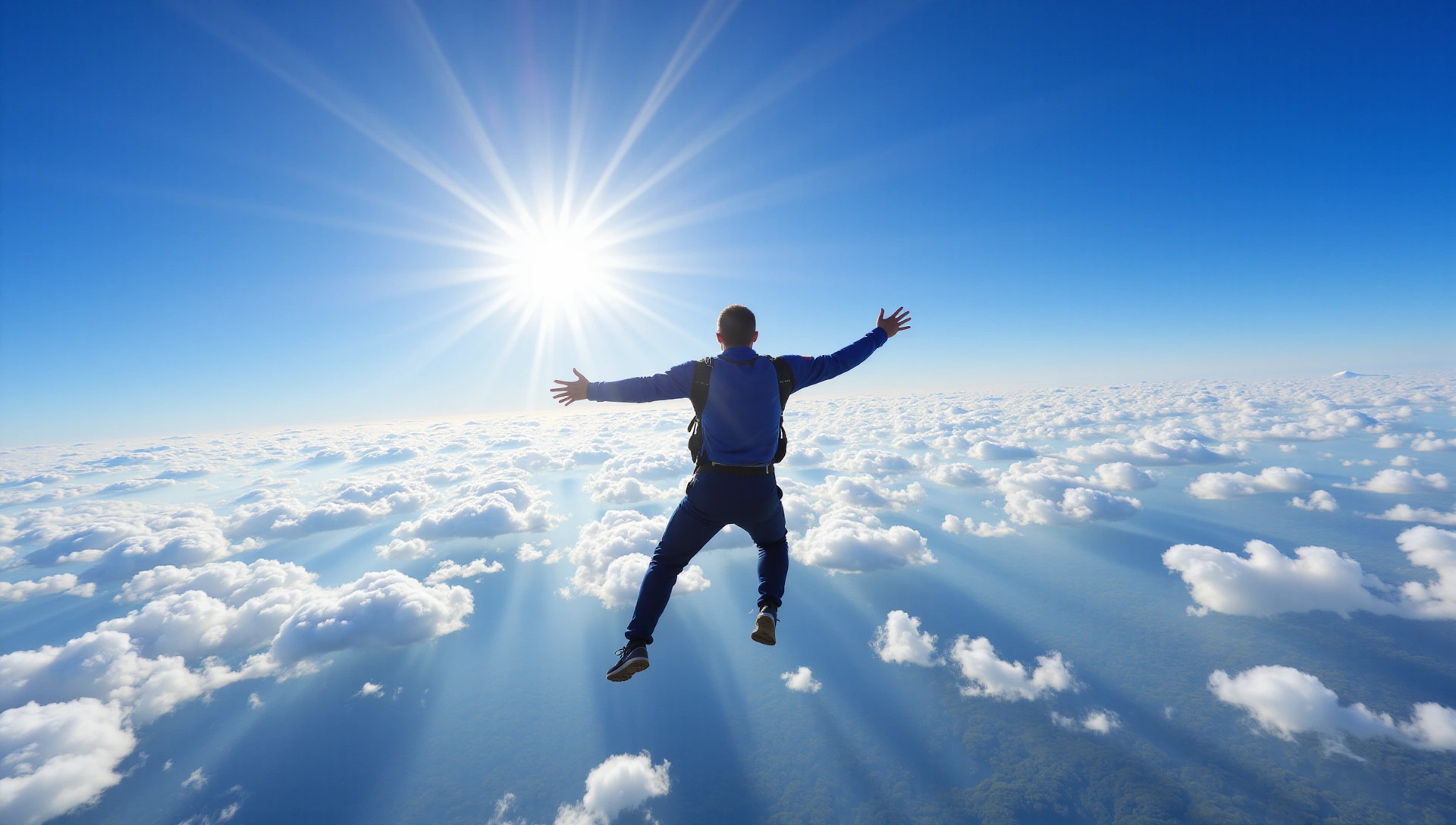 An exhilarating skydiving scene with a person freefalling against a clear blue sky and distant landscape