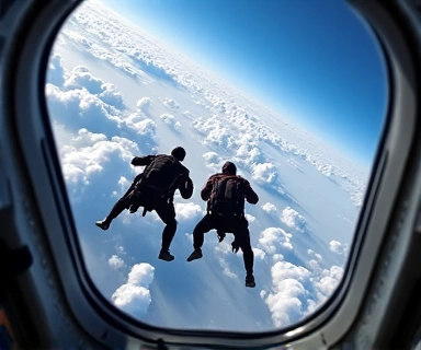 Skydivers exiting an airplane, seen from inside the aircraft