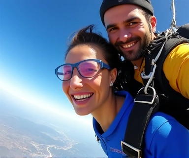 Tandem skydiver smiling during freefall