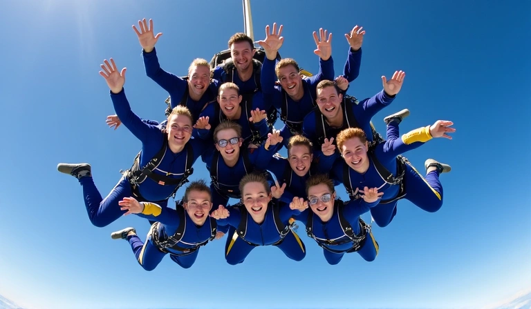 Large group of skydivers in a complex formation against a blue sky