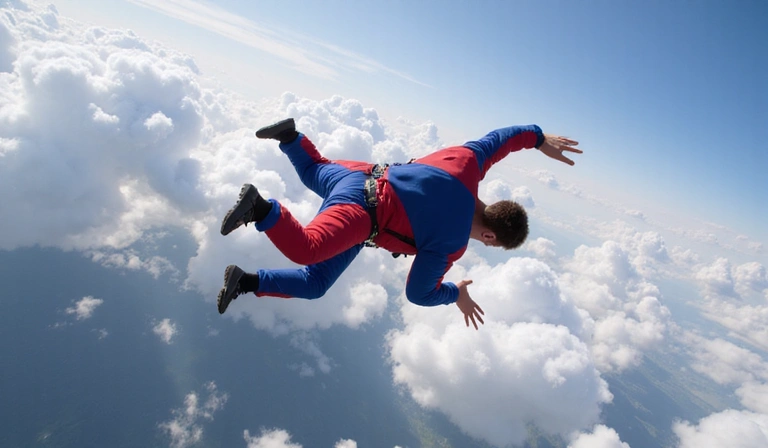 Skydiver performing an advanced freefly maneuver with a stunning cloudy background