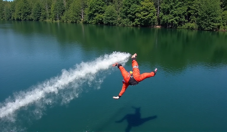 Skydiver swooping over a pond, creating a long wake on the water