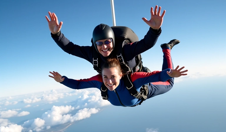 Two skydivers in a head-down freefly formation against a clear blue sky
