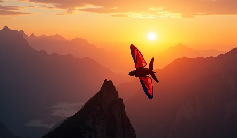 Wingsuit pilot soaring over a mountain range at sunset