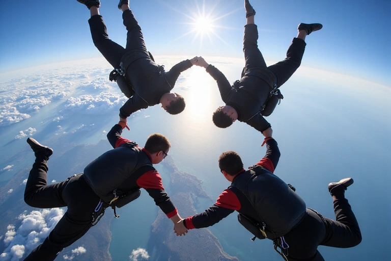 A group of skydivers in freefall, holding hands in a formation against a vast sky, demonstrating teamwork and exhilaration.