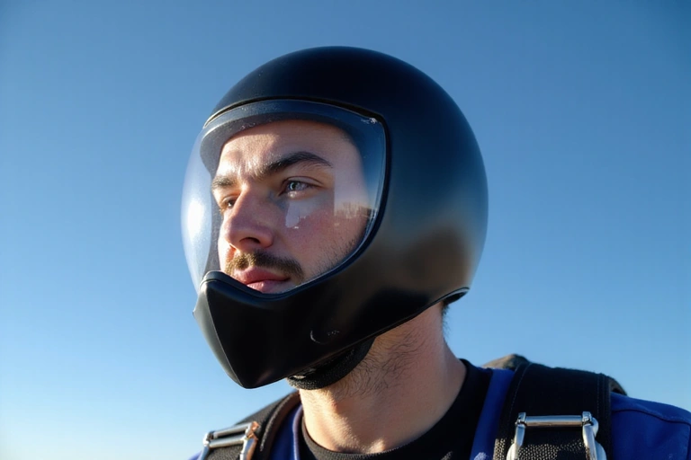 Close-up of a detailed skydiver's helmet with goggles, reflecting the sky, symbolizing precision and safety.